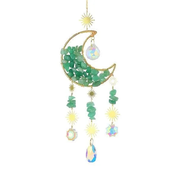 Car interior hanging pendant with large round crystal moon charm on a metal chain.