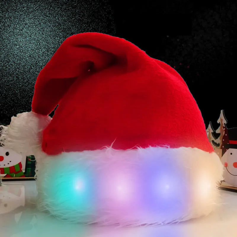 Red and white plush Santa hat with LED lights illuminating in multiple colours