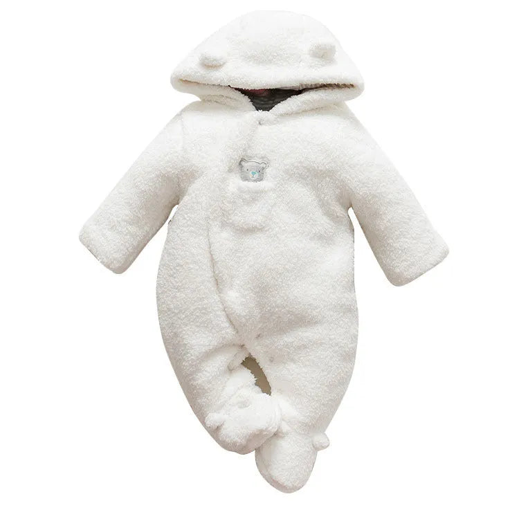 Cotton padded baby romper with lamb print, long sleeves, and foot covers in brown colour.