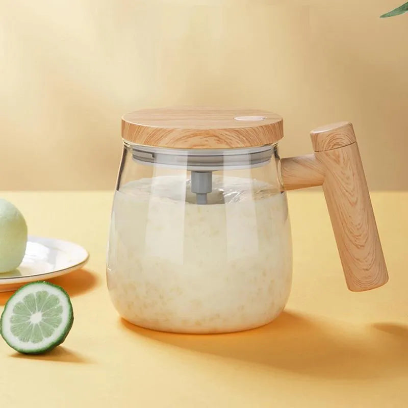 Clear borosilicate glass self-stirring coffee mug with electric mixing button and 400ml capacity