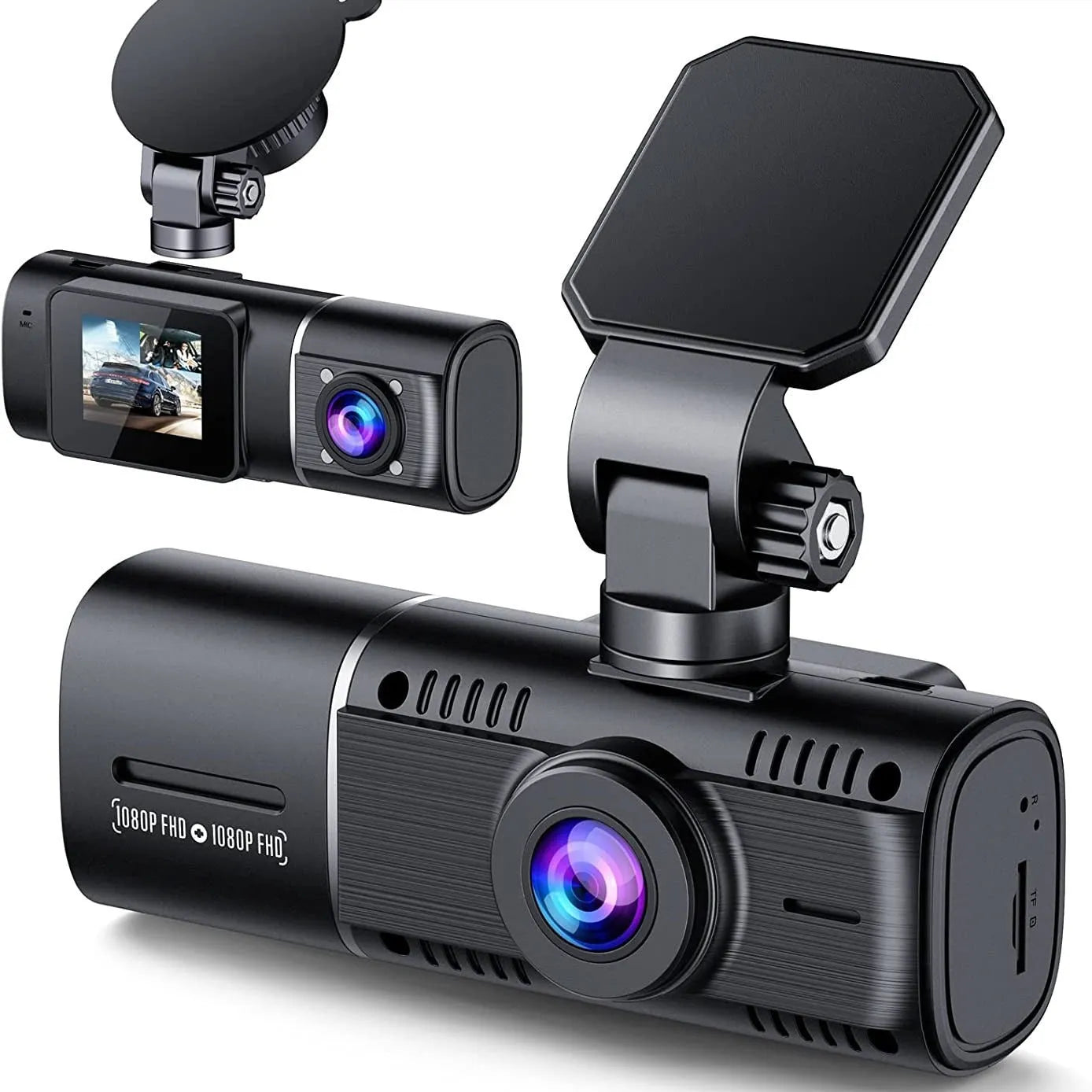 Standard black 1080p car dash cam with a 1.5-inch screen, shown with car charger and windscreen mount.