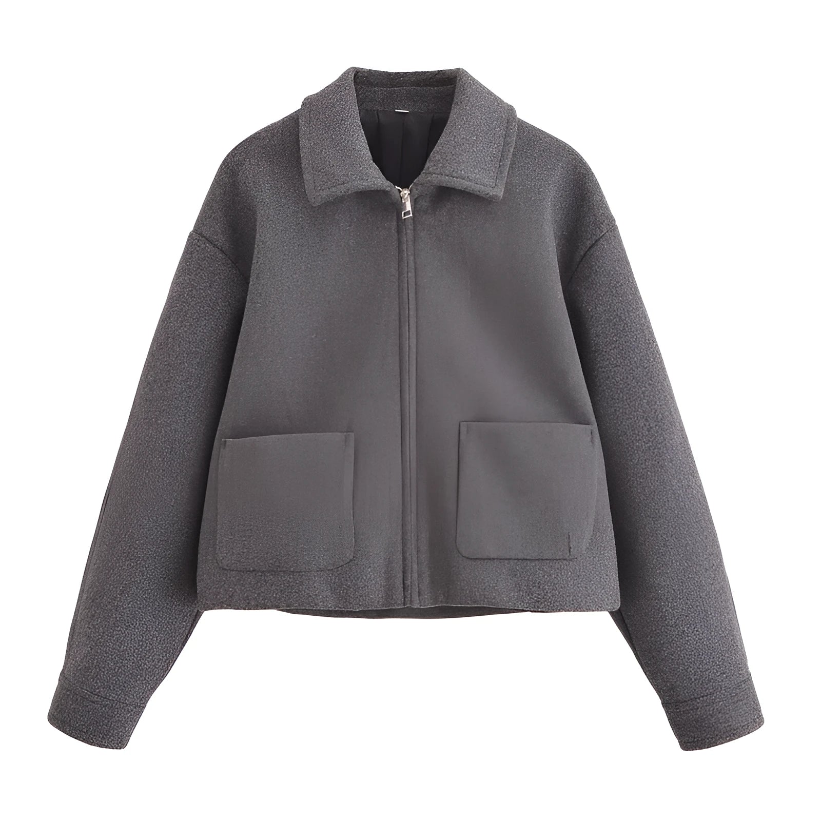 Women's grey PU short jacket with shirt collar and front zipper, regular fit with long sleeves