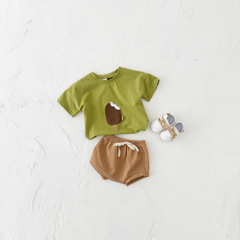 Girls' cotton two-piece shorts suit with ice cream patch detail in olive colour