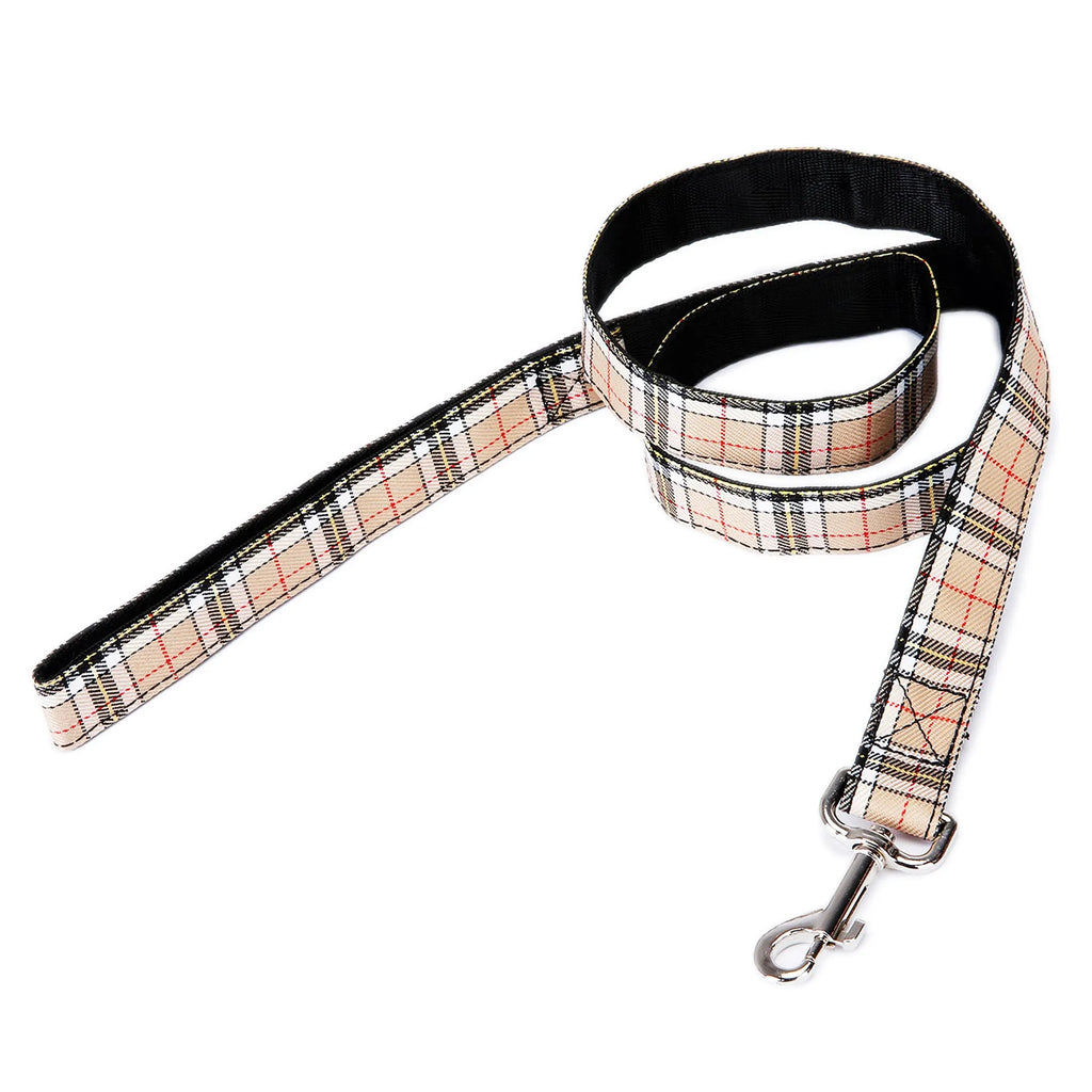 Black dog leash extension with plaid stripe pattern, measuring 120cm long and made from imitation nylon.