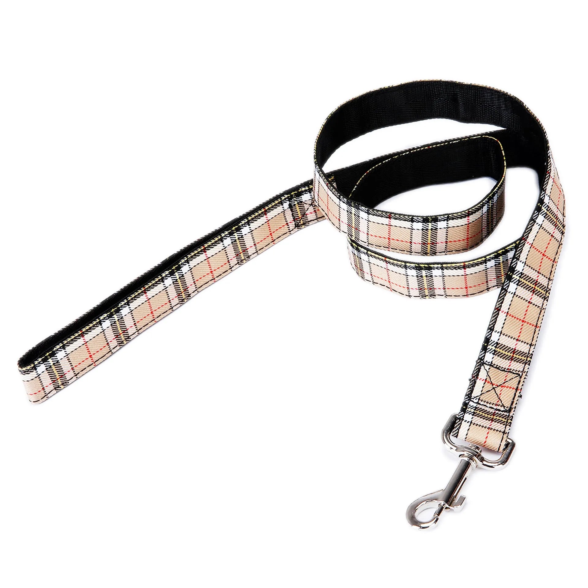 Black dog leash extension with plaid stripe pattern, measuring 120cm long and made from imitation nylon.
