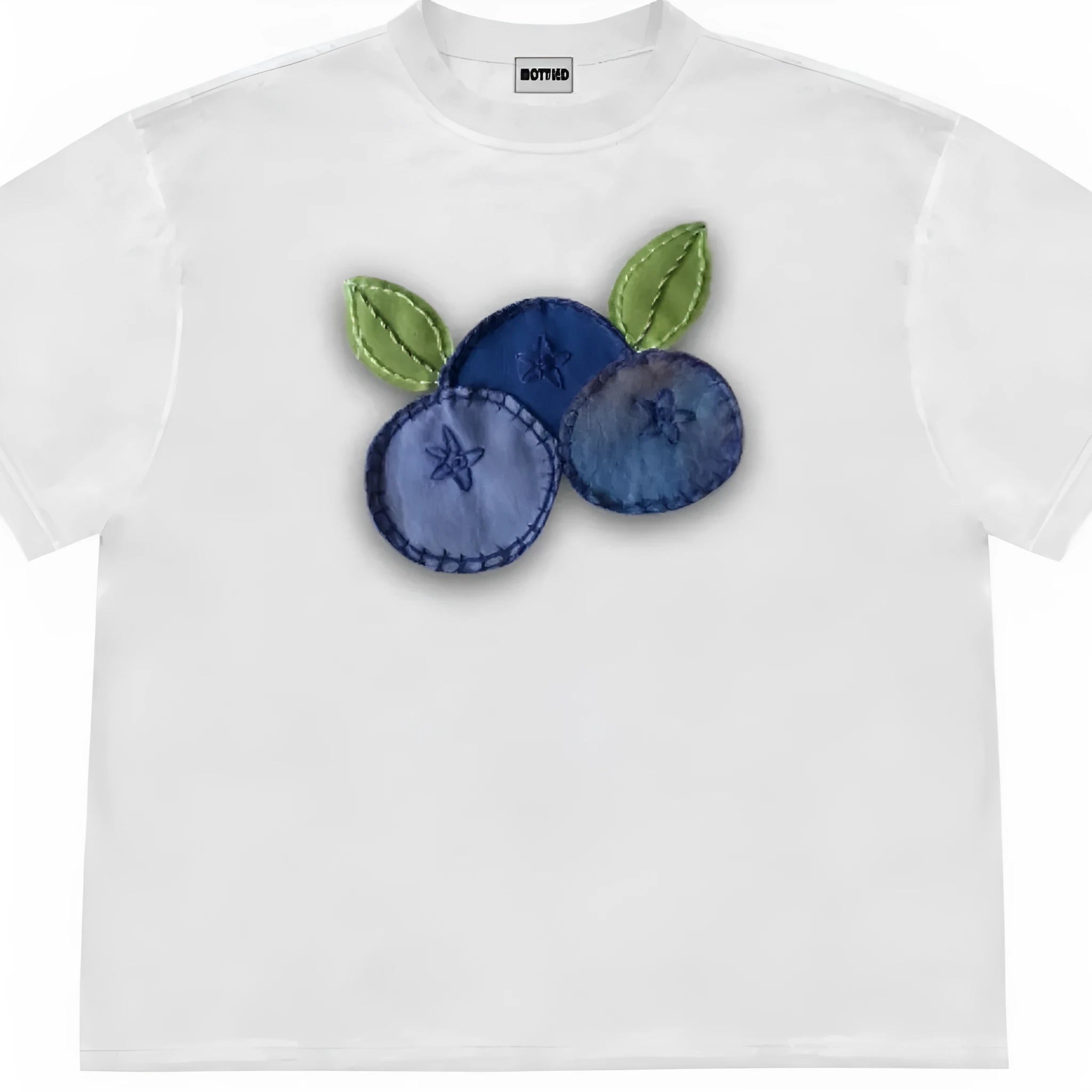 Blueberry fruit patchwork design on a loose-fit short-sleeved ice oxygen cotton T-shirt