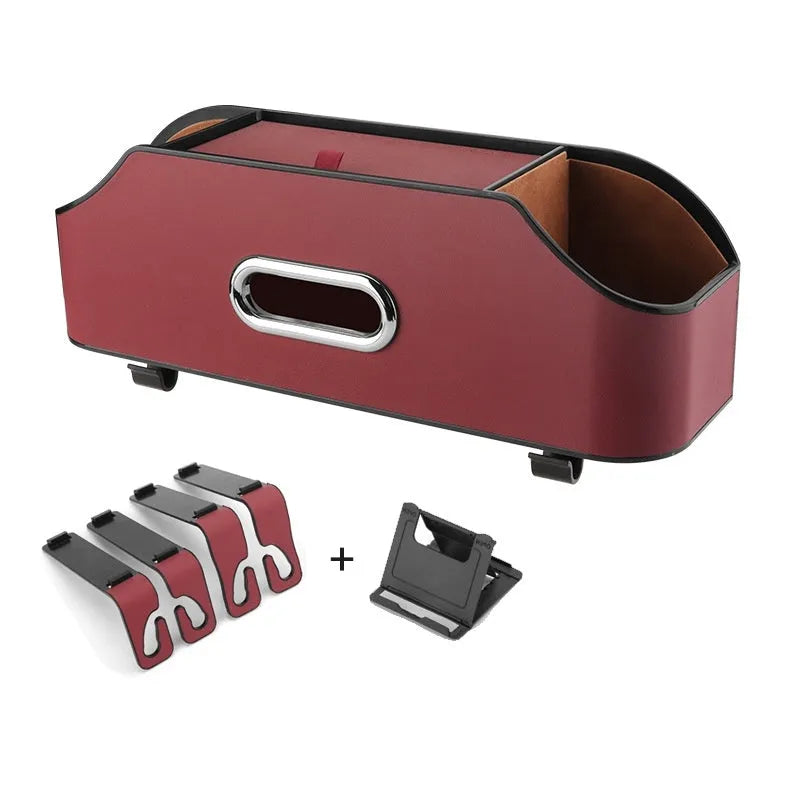 Genuine leather car tissue box holder with cup holder, shown in beige colour.