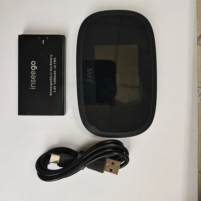 Black portable 4G wireless router with battery and cable for mobile internet access.