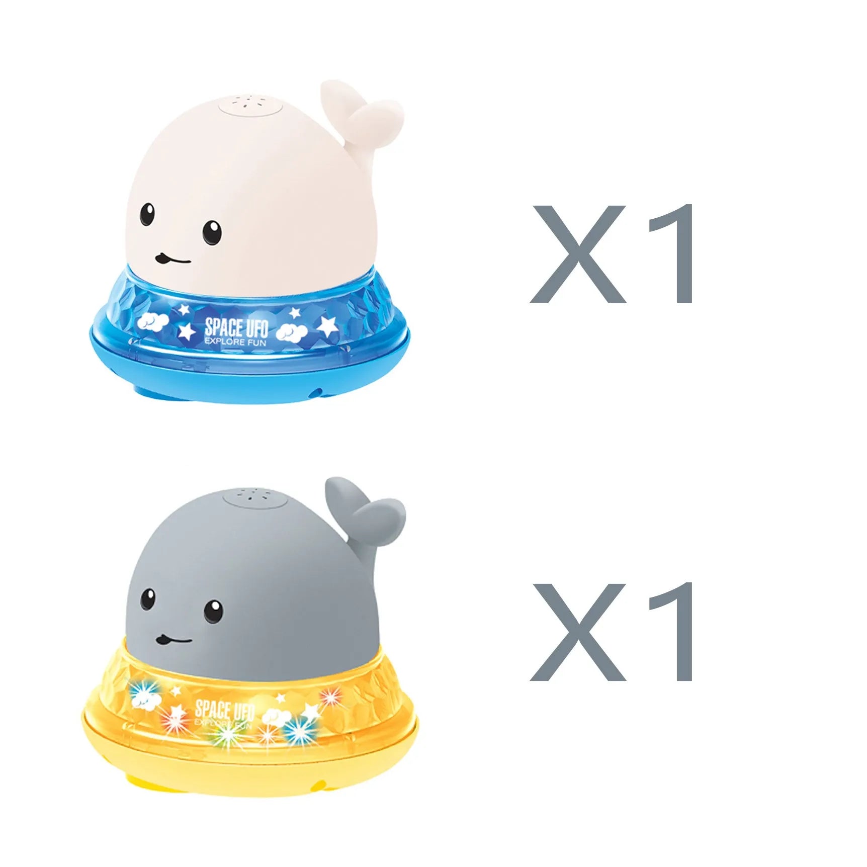 White and blue electric whale bath toy spraying water with flashing lights on a bathroom surface.