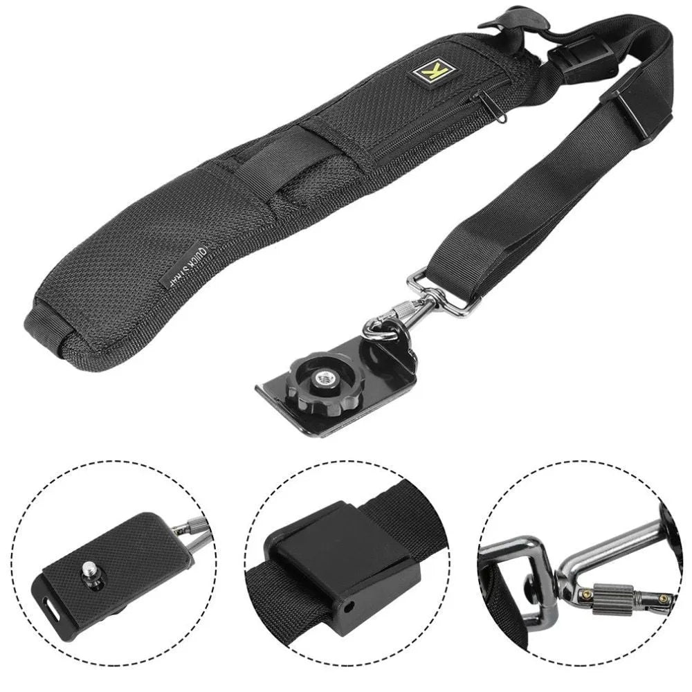 Black nylon single shoulder sling strap for DSLR camera with quick adjustment buckle and screw-in plate