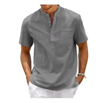 Men's solid colour stand collar short sleeve polo shirt in lightweight polyester fabric.