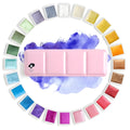 Pearl-effect solid watercolour paint pans in a set showing iridescent colours.