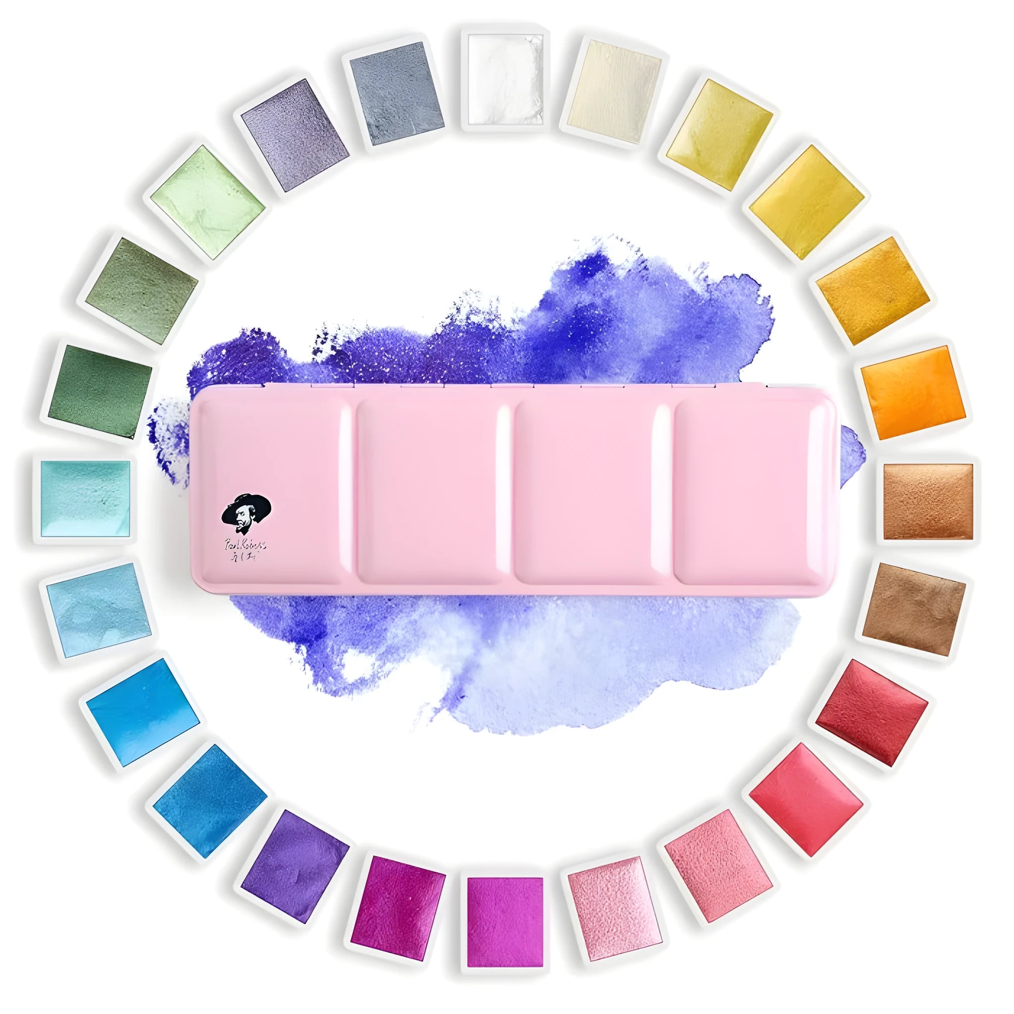 Pearl-effect solid watercolour paint pans in a set showing iridescent colours.