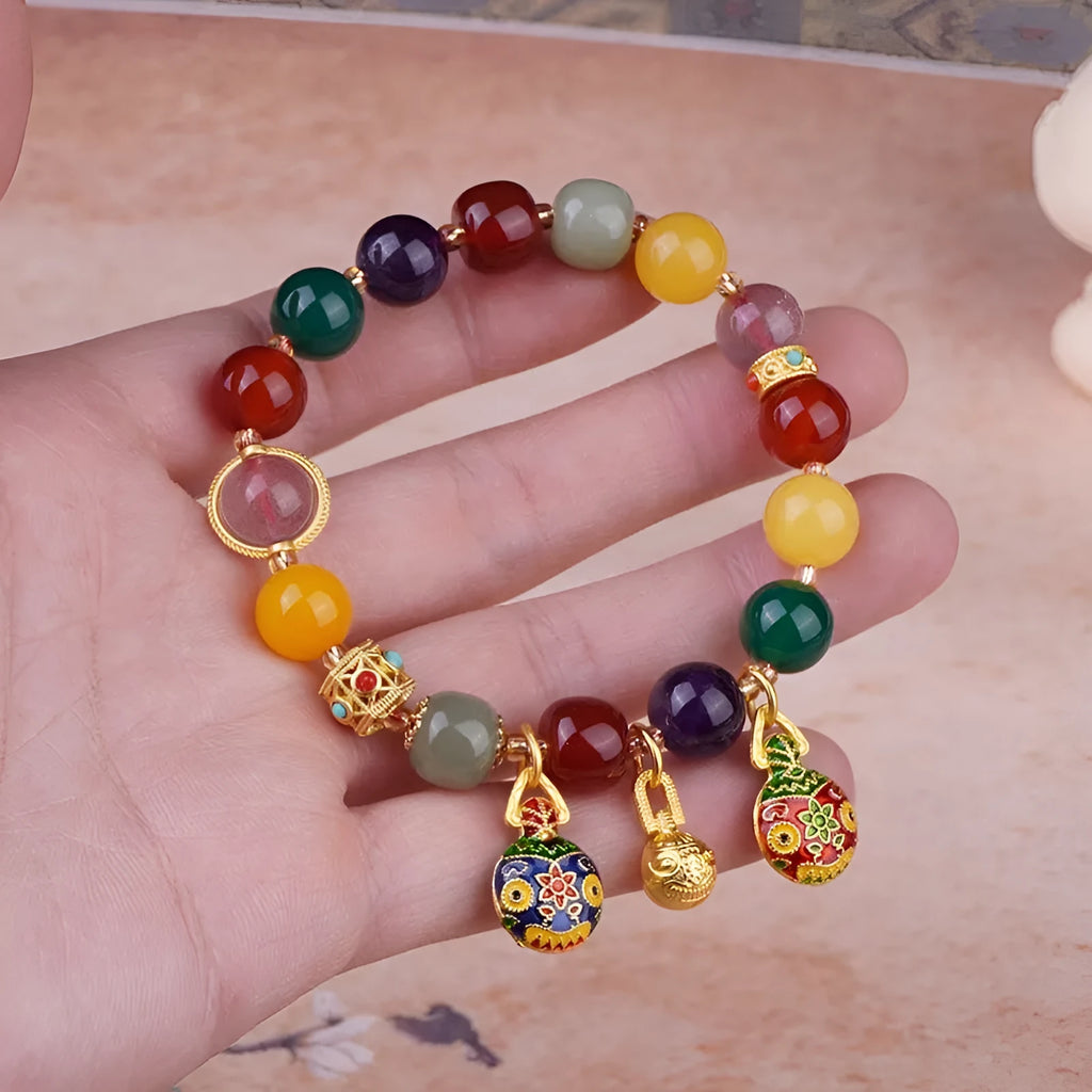 Swallowing gold beast motif agate and Hetian jade crystal bracelet with hand-woven 10mm beads