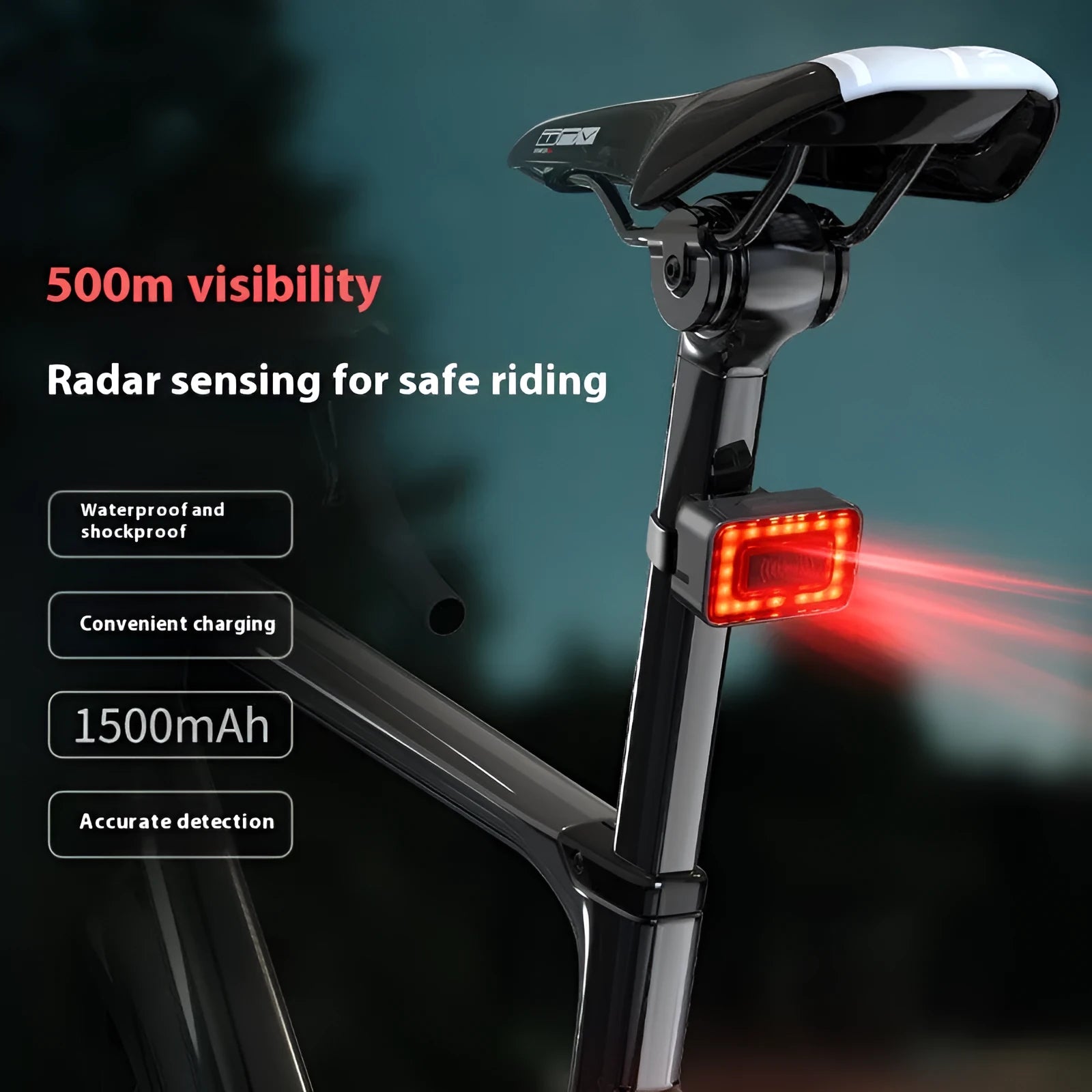 Smart radar detection bicycle taillight with double bracket mount, showing Type-C charging port.