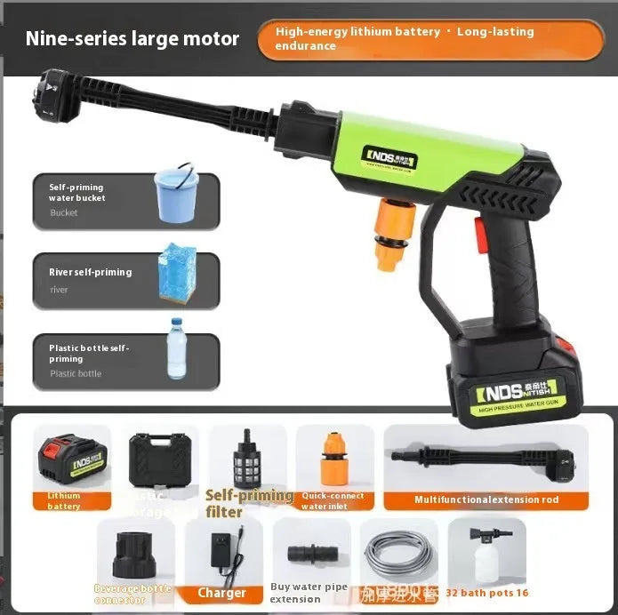 Green wireless high-pressure water gun with six-in-one metal nozzle and extension accessories.