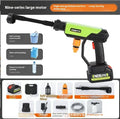 Green wireless high-pressure water gun with six-in-one metal nozzle and extension accessories.