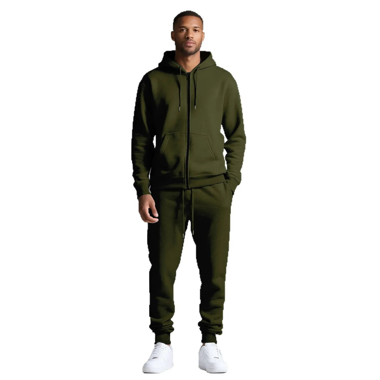 Men's solid colour long-sleeve hooded sportswear set with matching jacket and pants in black cotton polyester blend