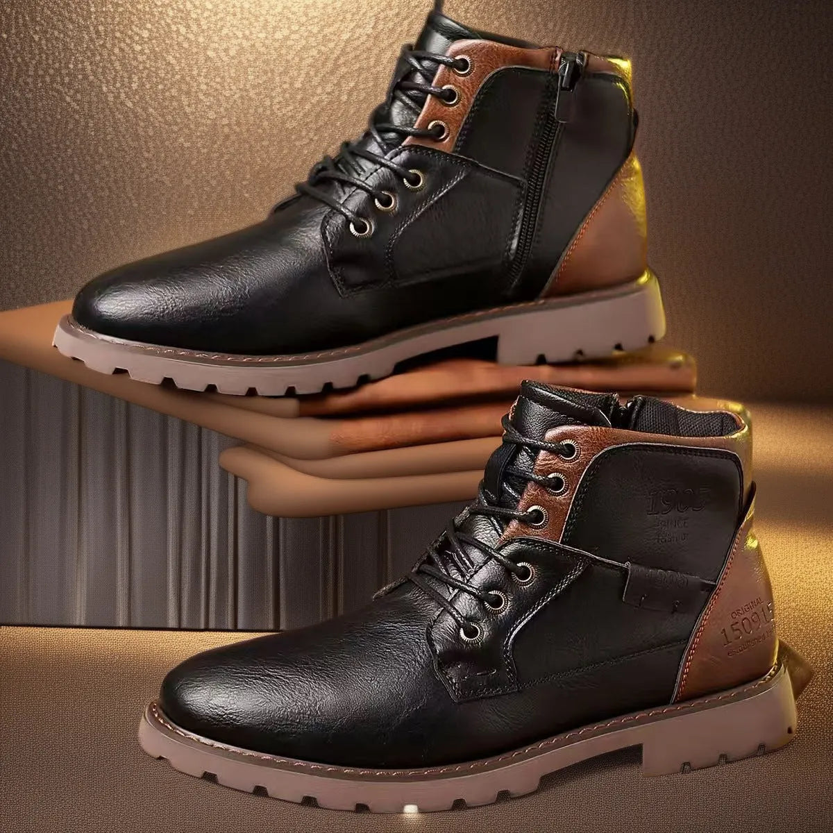 Brown men's ankle boot with a side zip, round toe, and rubber sole on a plain background.