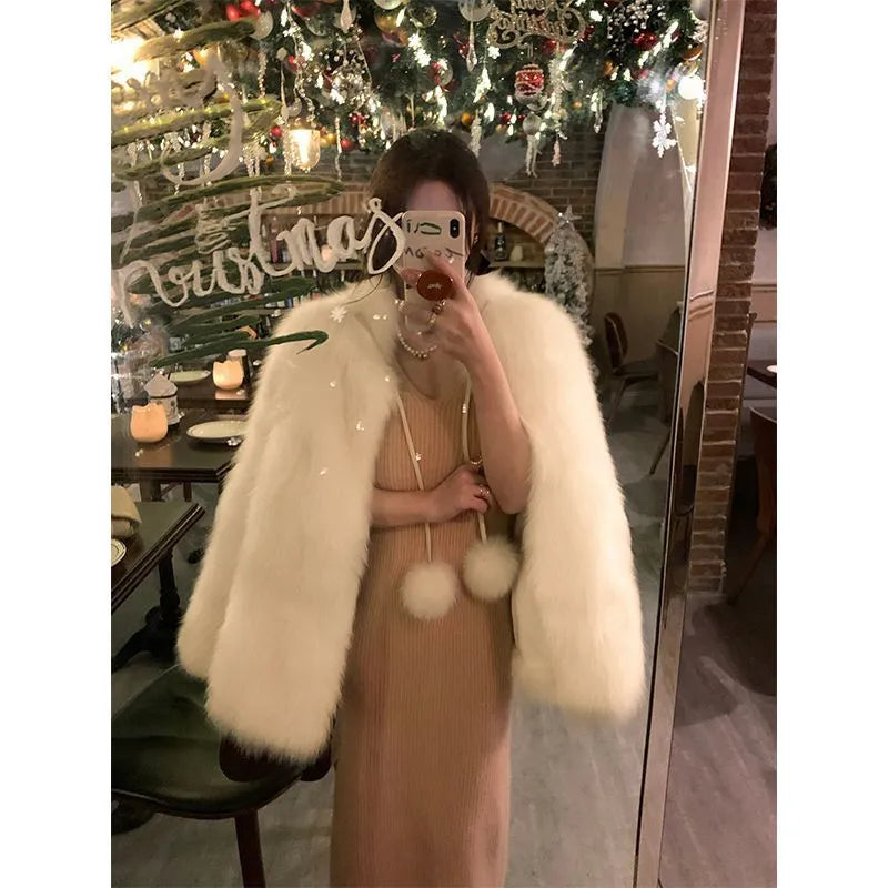Women's corduroy coat with rabbit fur trim in milk coffee colour, slimming fit, available in sizes S-XL