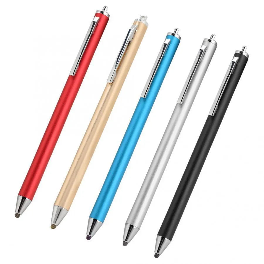 Metal-shell digital stylus for tablet and phone touch screens, shown in multiple colour options.