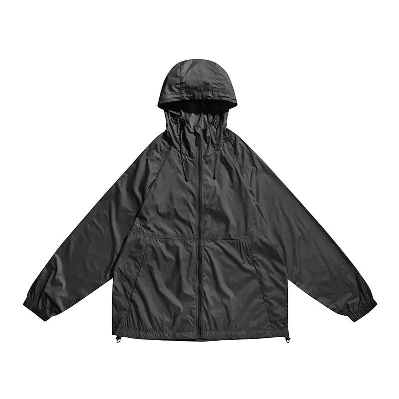 Men's sports hooded thin coat in chemical fibre blend fabric with straight hem and slit pockets