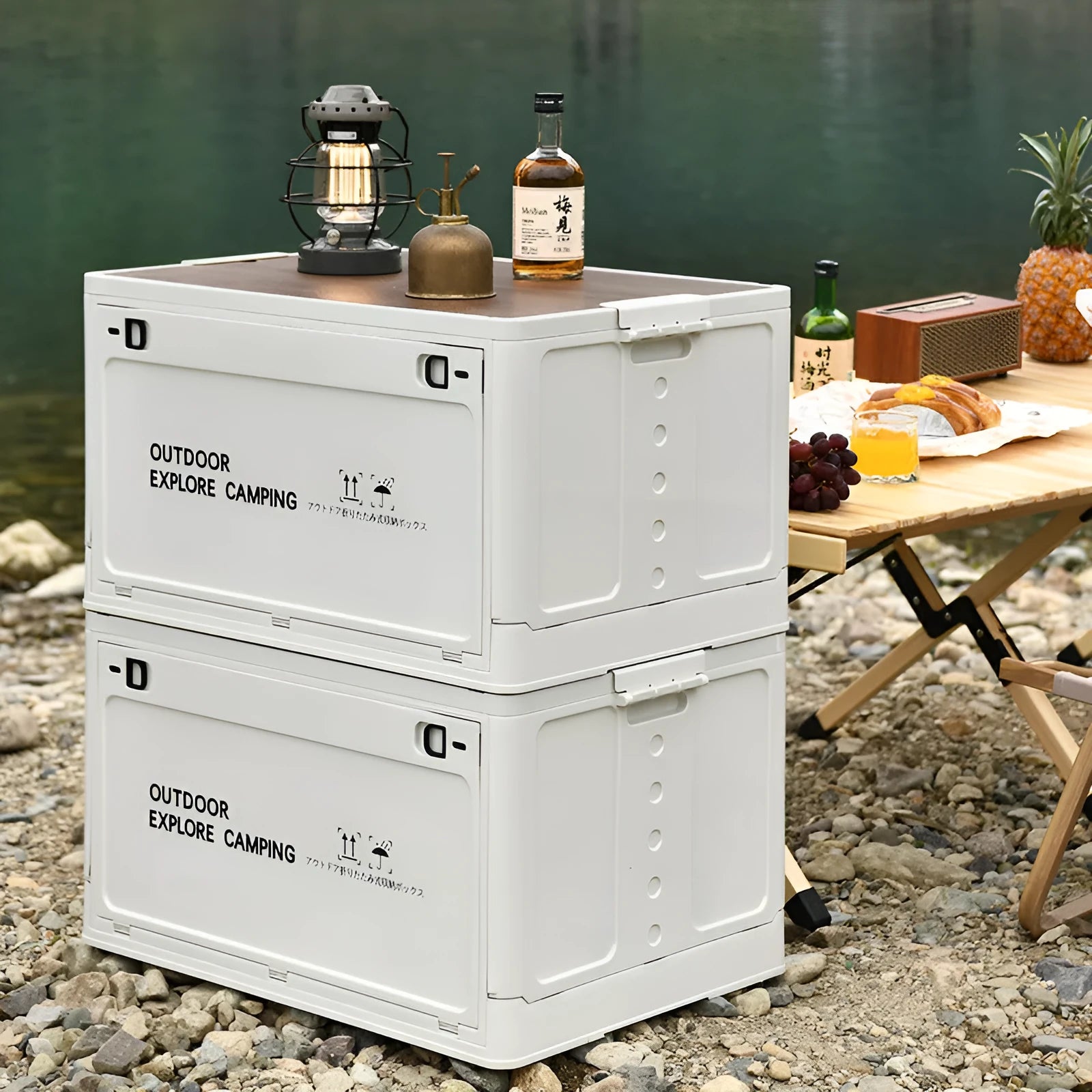 Large green plastic storage box with a wooden lid, showing foldable sides.
