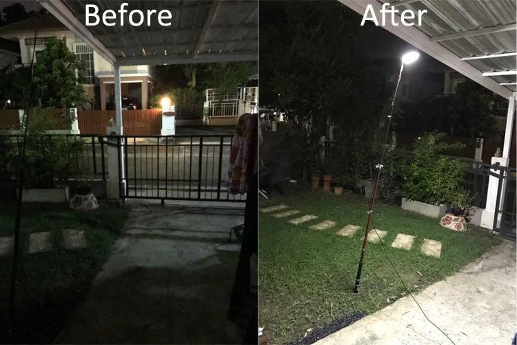 White LED fishing rod light unit mounted on a tall telescopic pole with a remote control