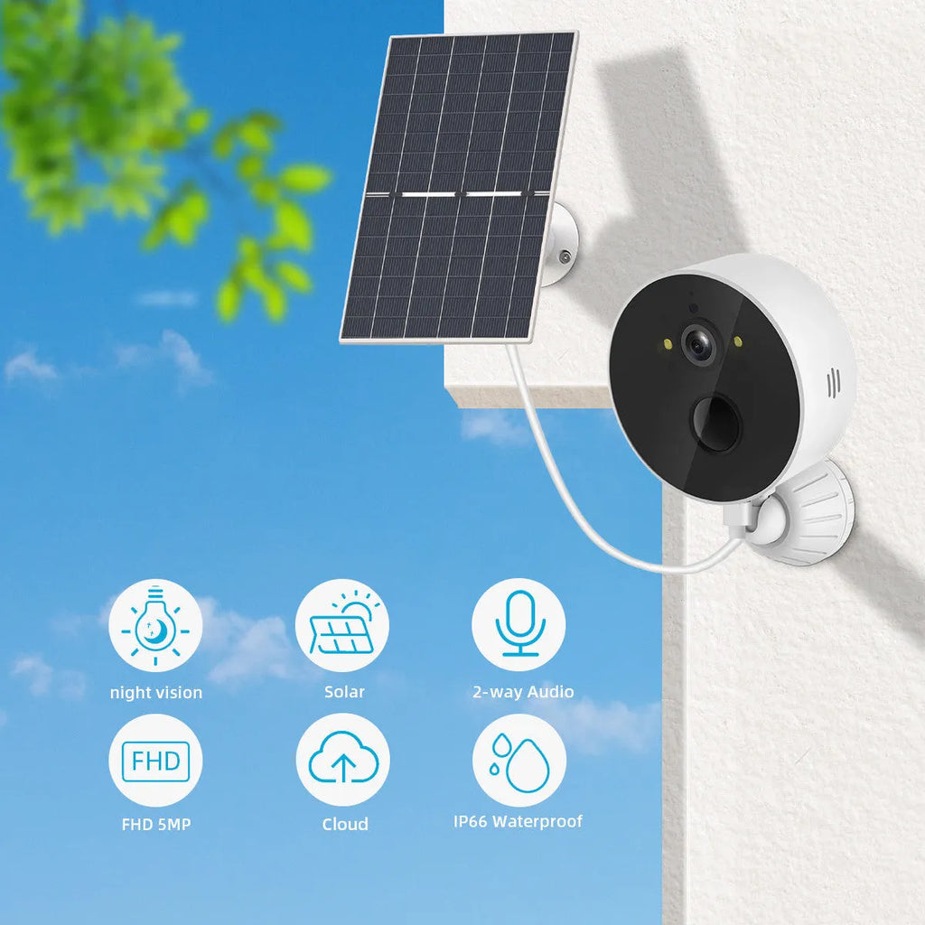 Outdoor solar-powered battery security camera and solar panel unit.