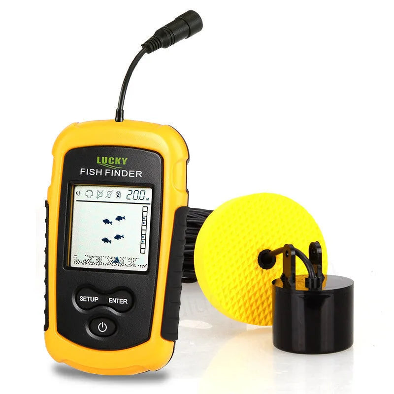 Yellow fish finder with wired sensor and display showing depth reading