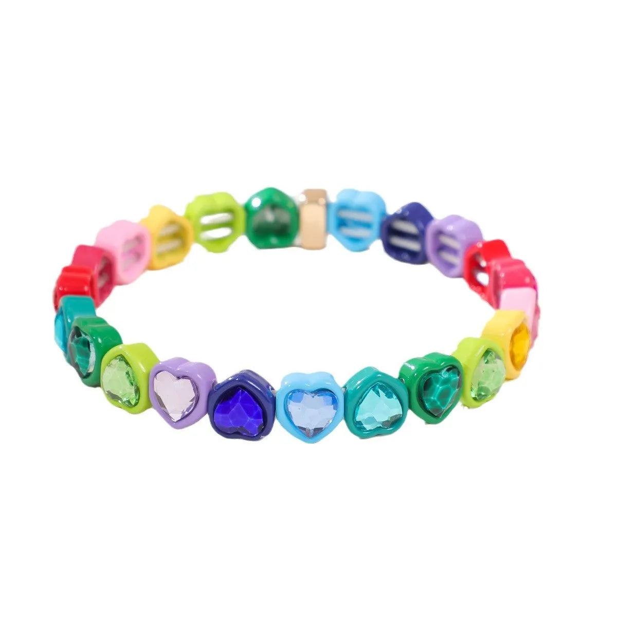 Colourful enamel finish alloy heart charm on a black stretch bracelet band.