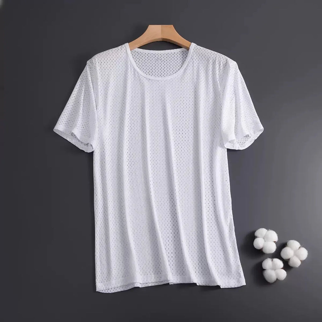 Ice silk men's short sleeve t-shirt in a solid colour, showing crew neck and loose fit.
