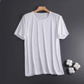 Ice silk men's short sleeve t-shirt in a solid colour, showing crew neck and loose fit.