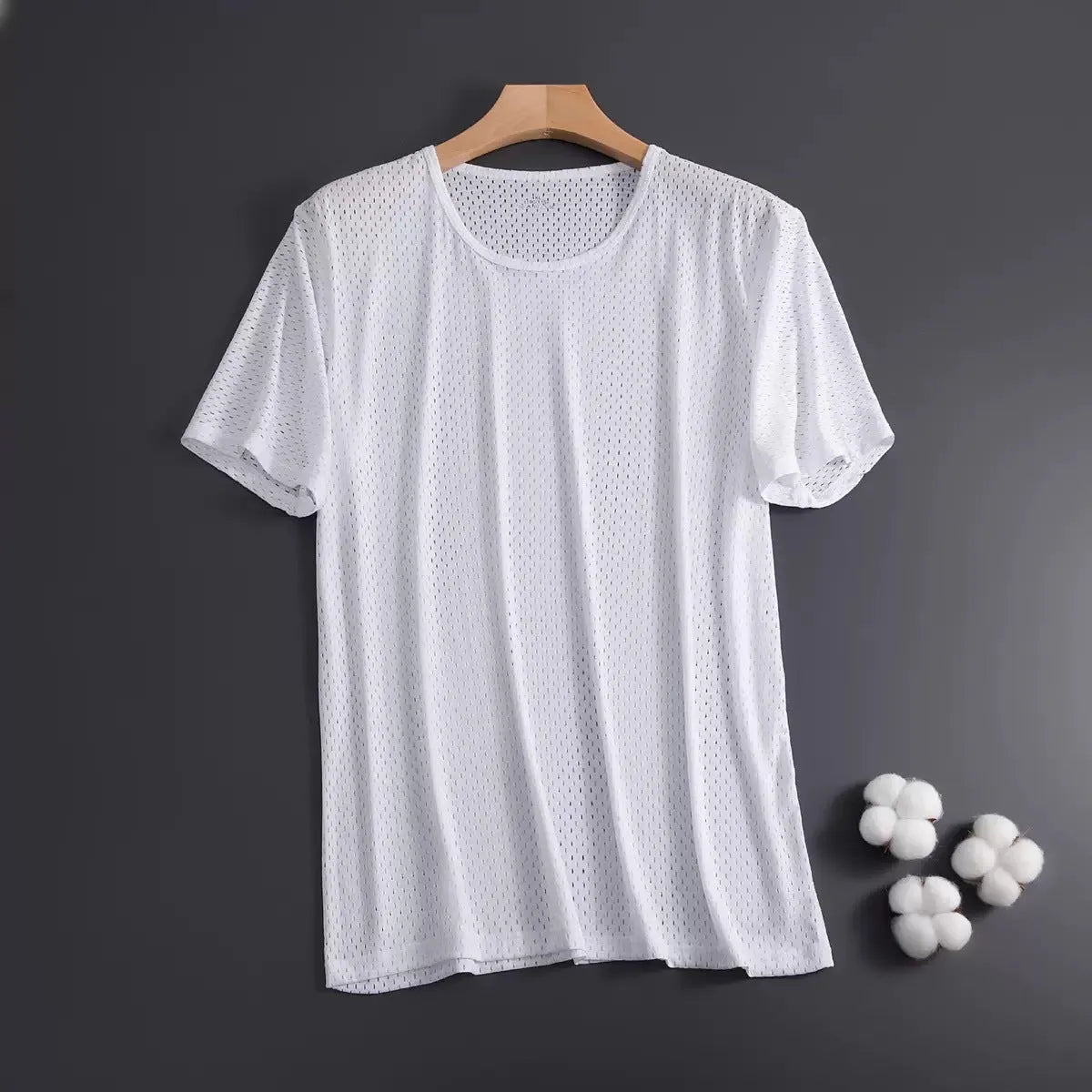 Ice silk men's short sleeve t-shirt in a solid colour, showing crew neck and loose fit.