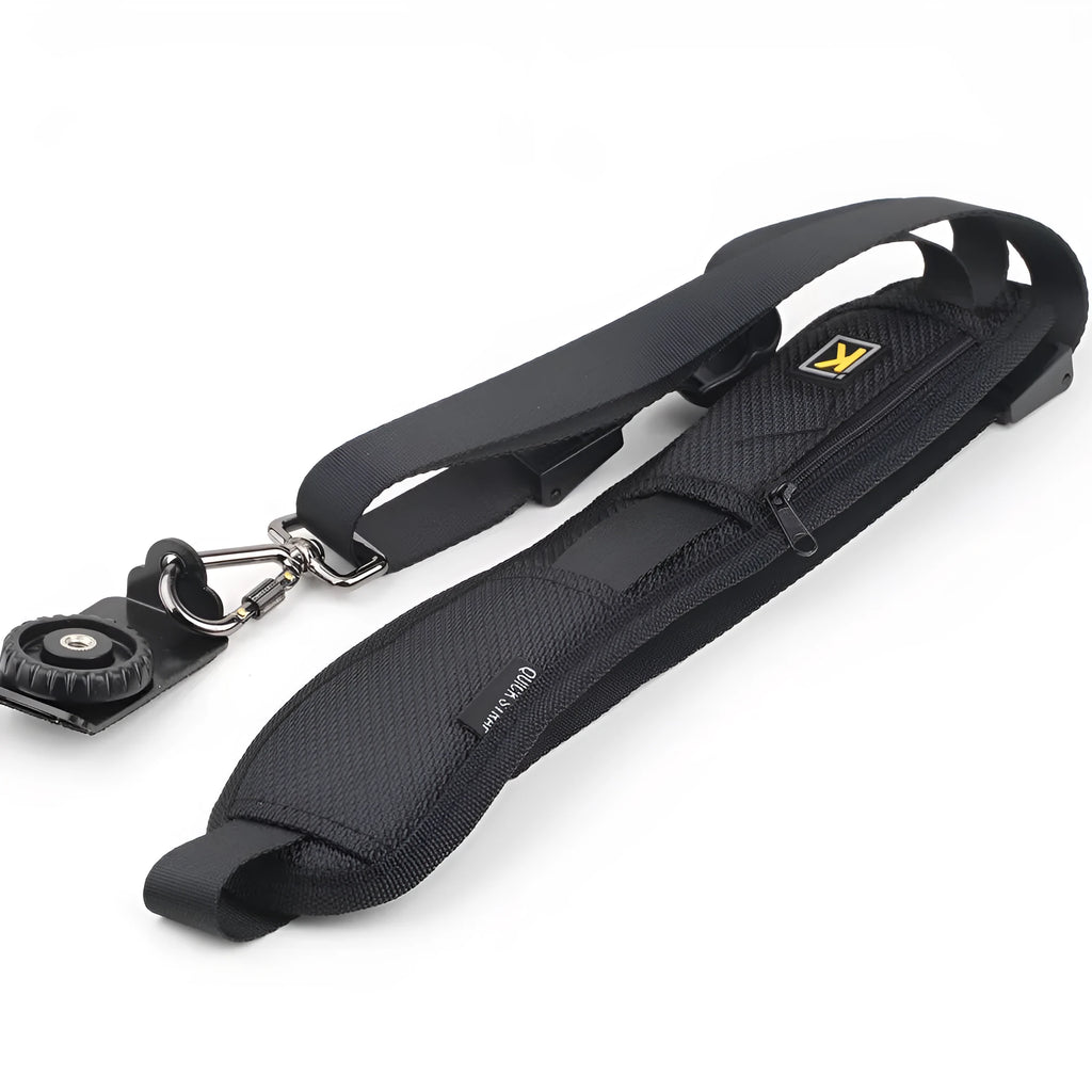 Black nylon single shoulder sling strap for DSLR camera with quick adjustment buckle and screw-in plate