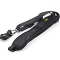 Black nylon single shoulder sling strap for DSLR camera with quick adjustment buckle and screw-in plate