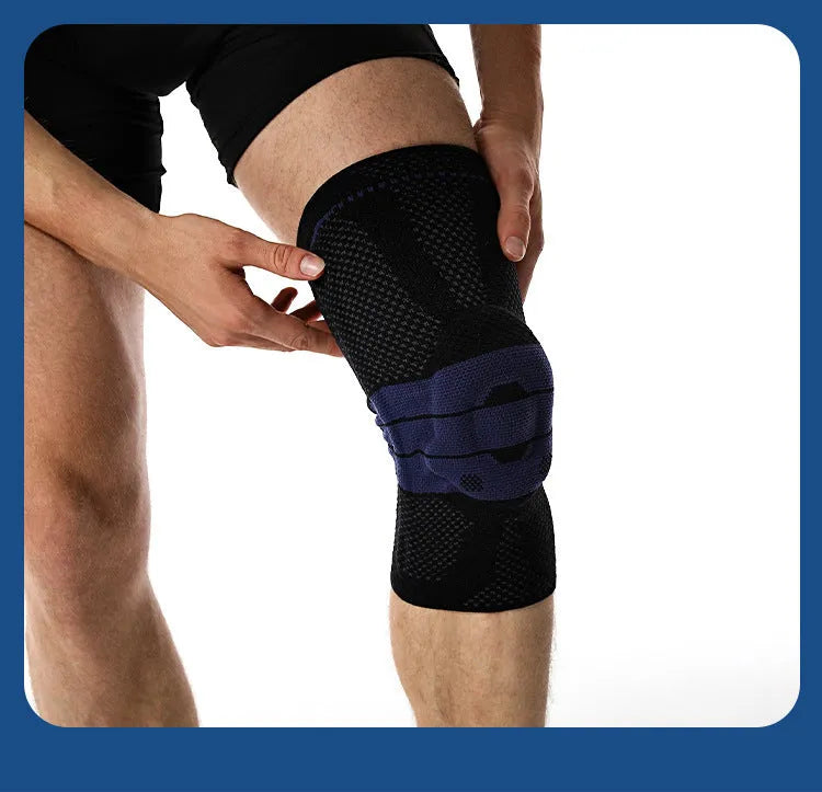 Adult sports knee pad in black and blue, made from nylon and spandex.