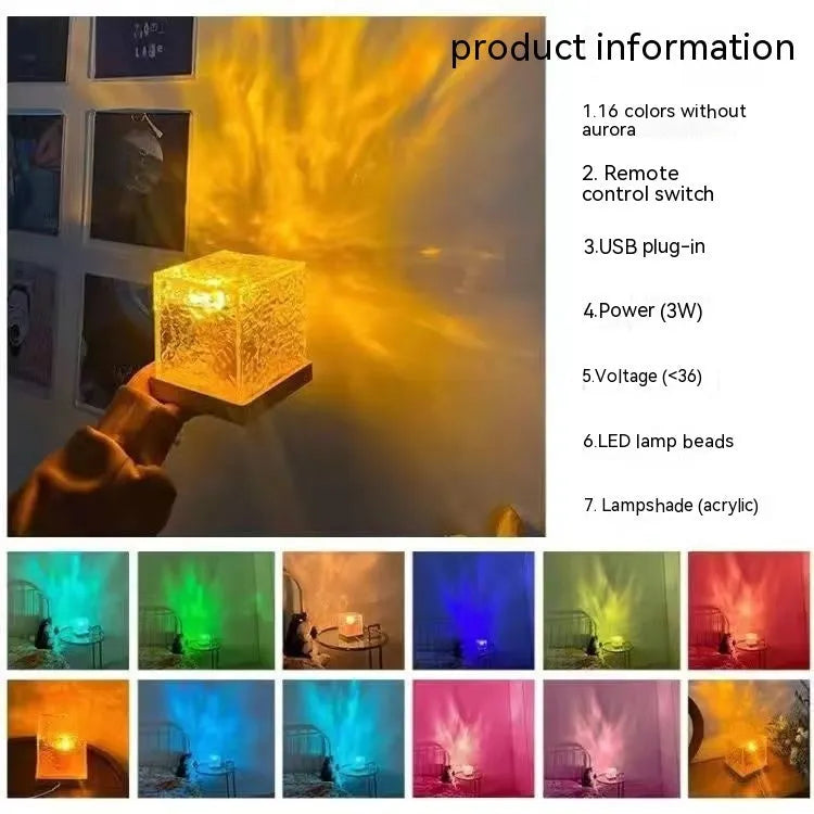 Geometric LED water ripple night light with remote control projecting colourful rotating patterns
