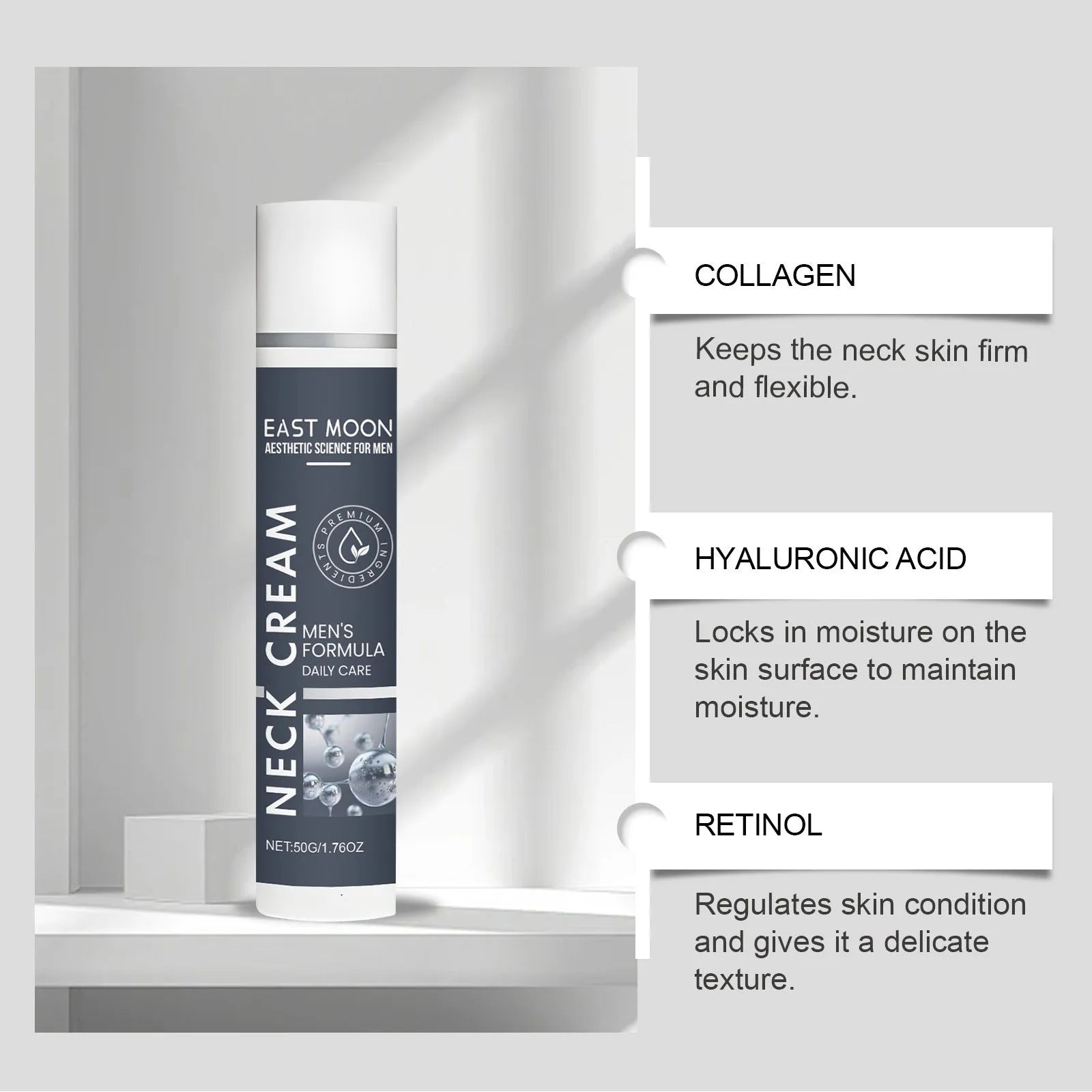 50g jar of men's neck care cream with collagen and hyaluronic acid formulation