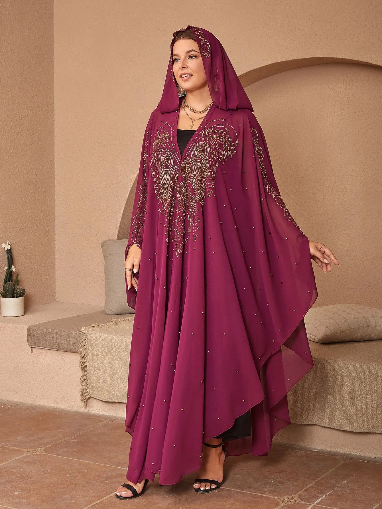 Muslim style chiffon cape shawl with rhinestone beaded trim in purple colour