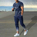 Man wearing a solid colour printed short-sleeve T-shirt and matching trousers from a sportswear set.