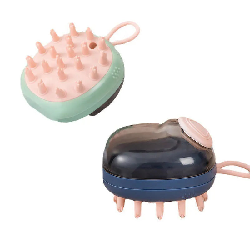 Blue and green pet bathing brush with integrated shampoo dispenser and silicone bristles.