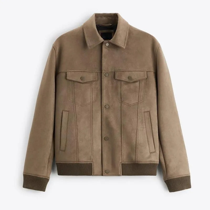 British style suede velvet commuter jacket in mink colour with long sleeves