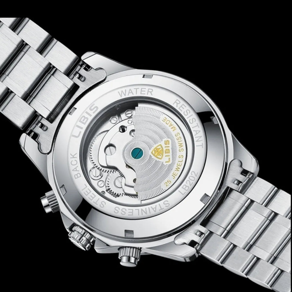 Men's silver stainless steel automatic perpetual calendar mechanical watch with a business-style dial.