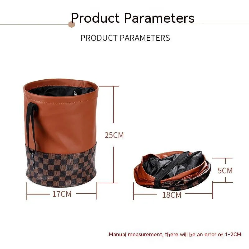 Retractable leather interior car trash can with handle, shown in colour as pictured.