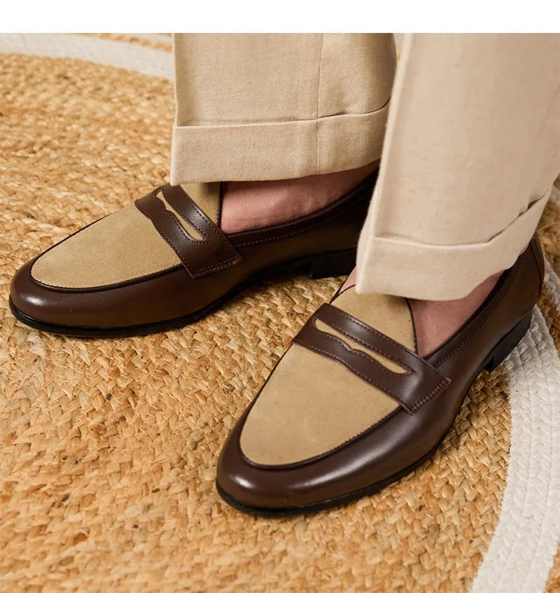 Coffee grey men's suede loafers with high-gloss finish and rubber sole on a plain background.