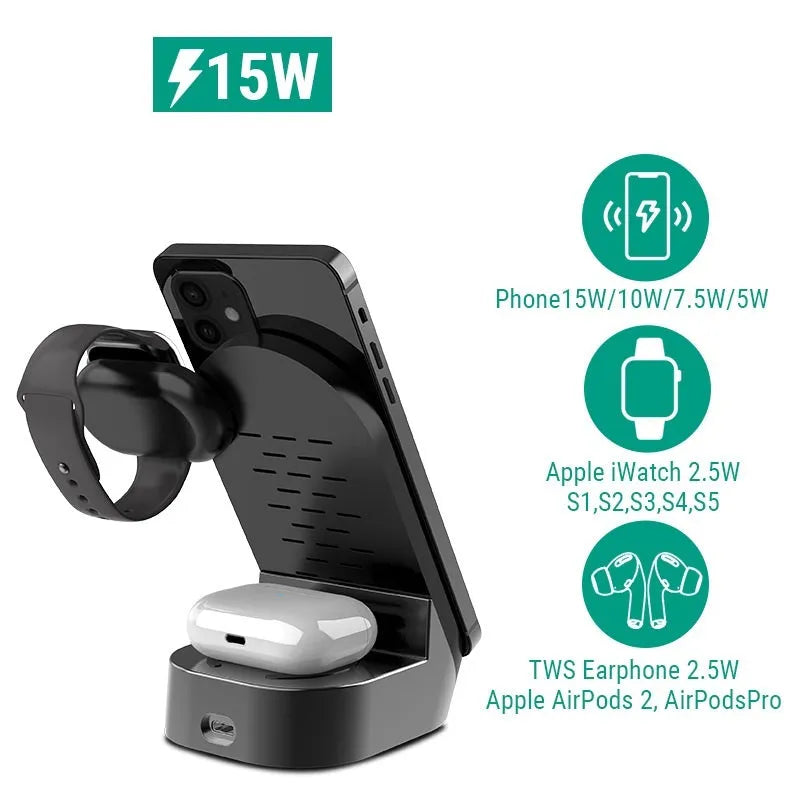 Grey black foldable 3-in-1 wireless charger standing vertically with phone, watch, and earbuds case.