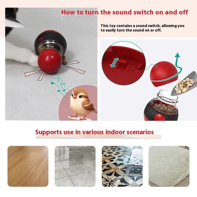 Rotating plastic cat toy in super ball colour that drops a ball and makes sound.