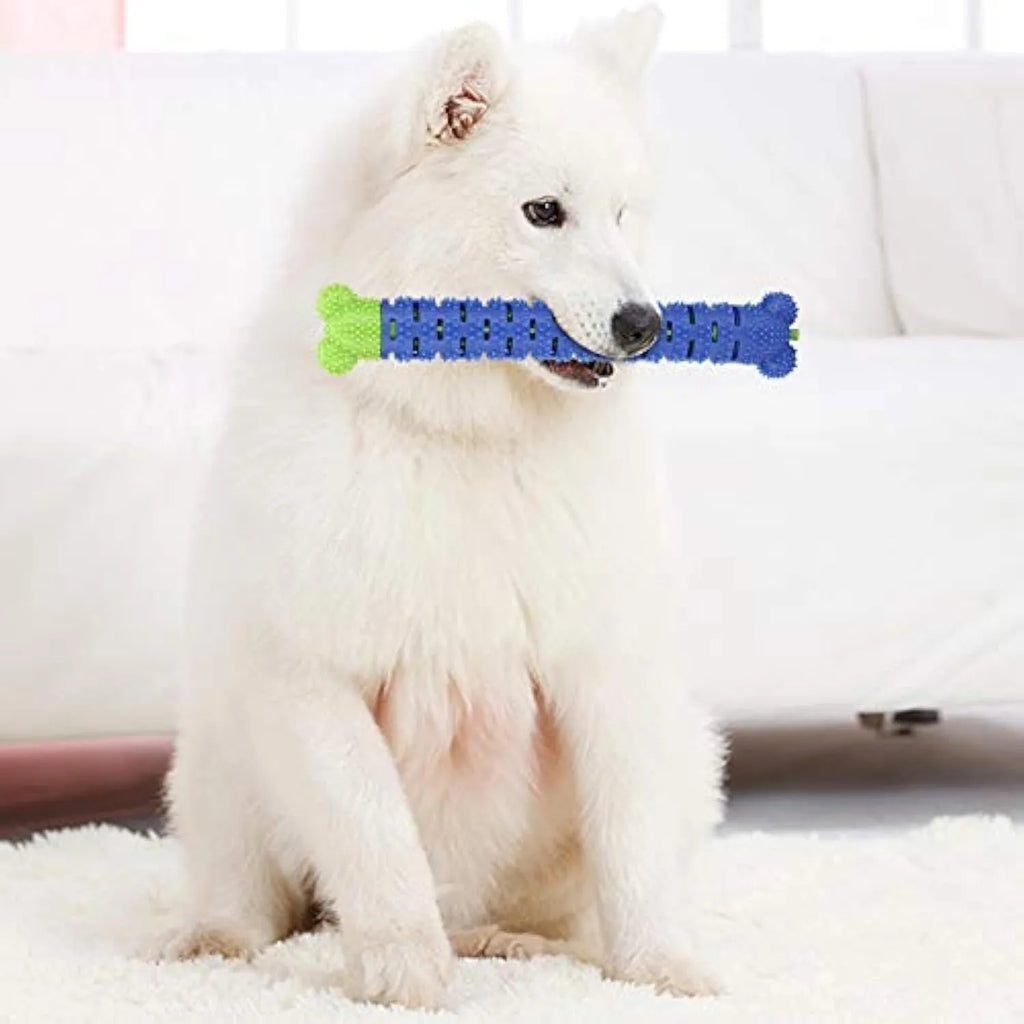 Blue green silicone dog dental cleaning stick with brush bristles and massage nodules, 25cm long