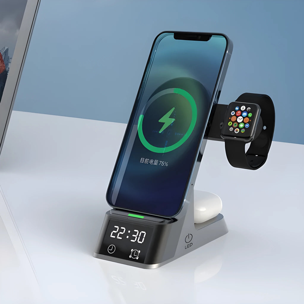 Black multifunctional alarm clock with wireless charging pad, Apple Watch spot, and digital display